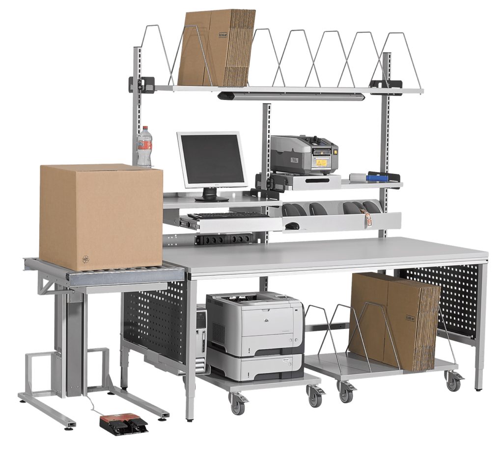Table de conditionnement modulaire avec écran, imprimante, porte-rouleaux et cartons